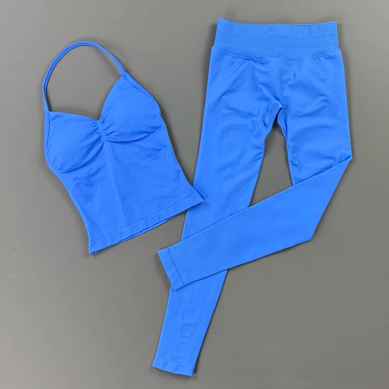 HISTELLO 2 Piece Gym Leggings Set Women's Yoga Longline Strappy Top Seamless Fitness Clothing Running Workout Sports Tops Outfit
