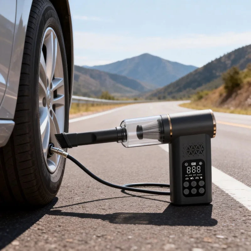 Wireless Car Vacuum Cleaner and Air Pump 2 in 1 Portable Smart Tire Inflator with Digital Display for Emergency Outdoor Tool
