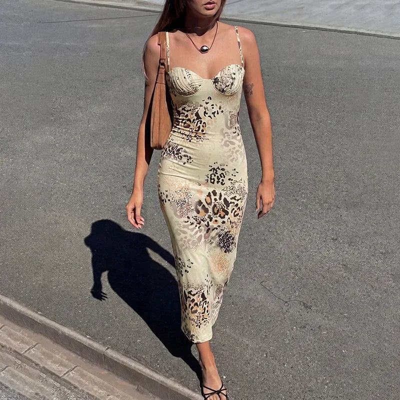 Casual Dress Women Leopard Print Midi Dress 2026 Sweetheart Ruched Spaghetti Strap Bodycon Dresses Summer Party Vacation Club Casual Gowns