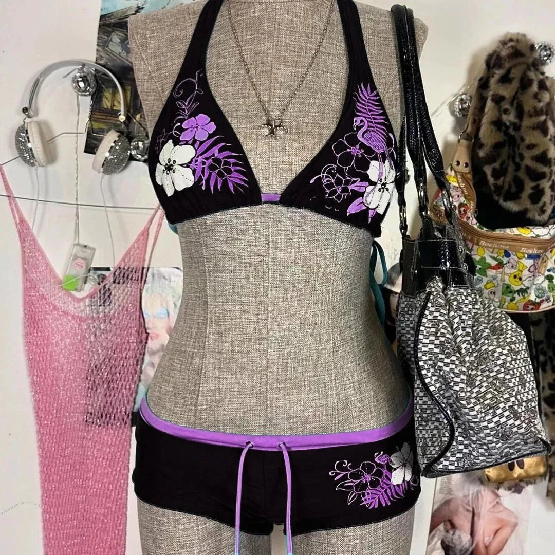 UETEEY 2025 Summer Swimwear Bikinis Set Sexy Printed Lace Back Naked Bikini 2 Pieces Set Women's Swimwear Slit Beach Bikini