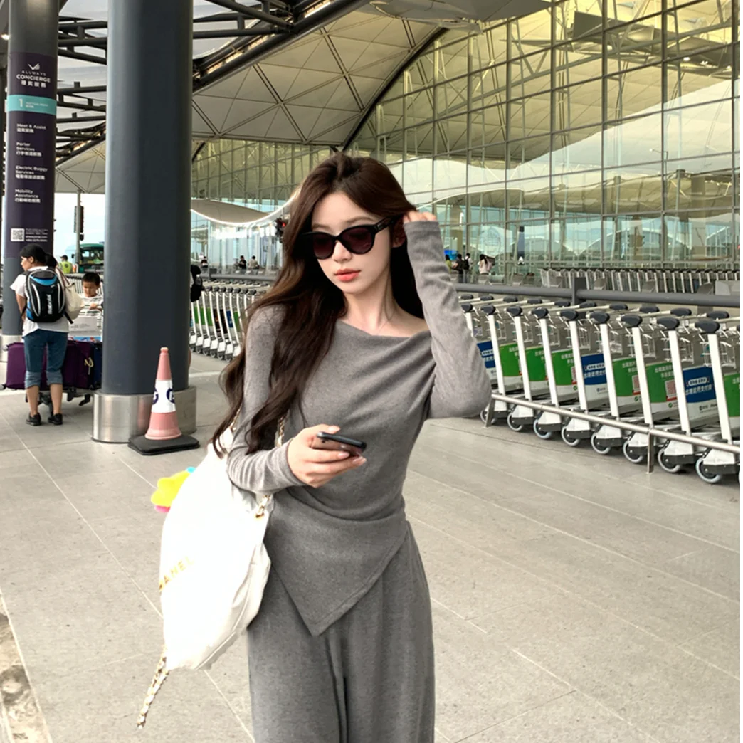 Casual Early Spring Casual Long Sleeve Two-Piece Set Shoulder Baring Wide Leg Pants for Younger Looking Slim Fit Home Date Casual Party
