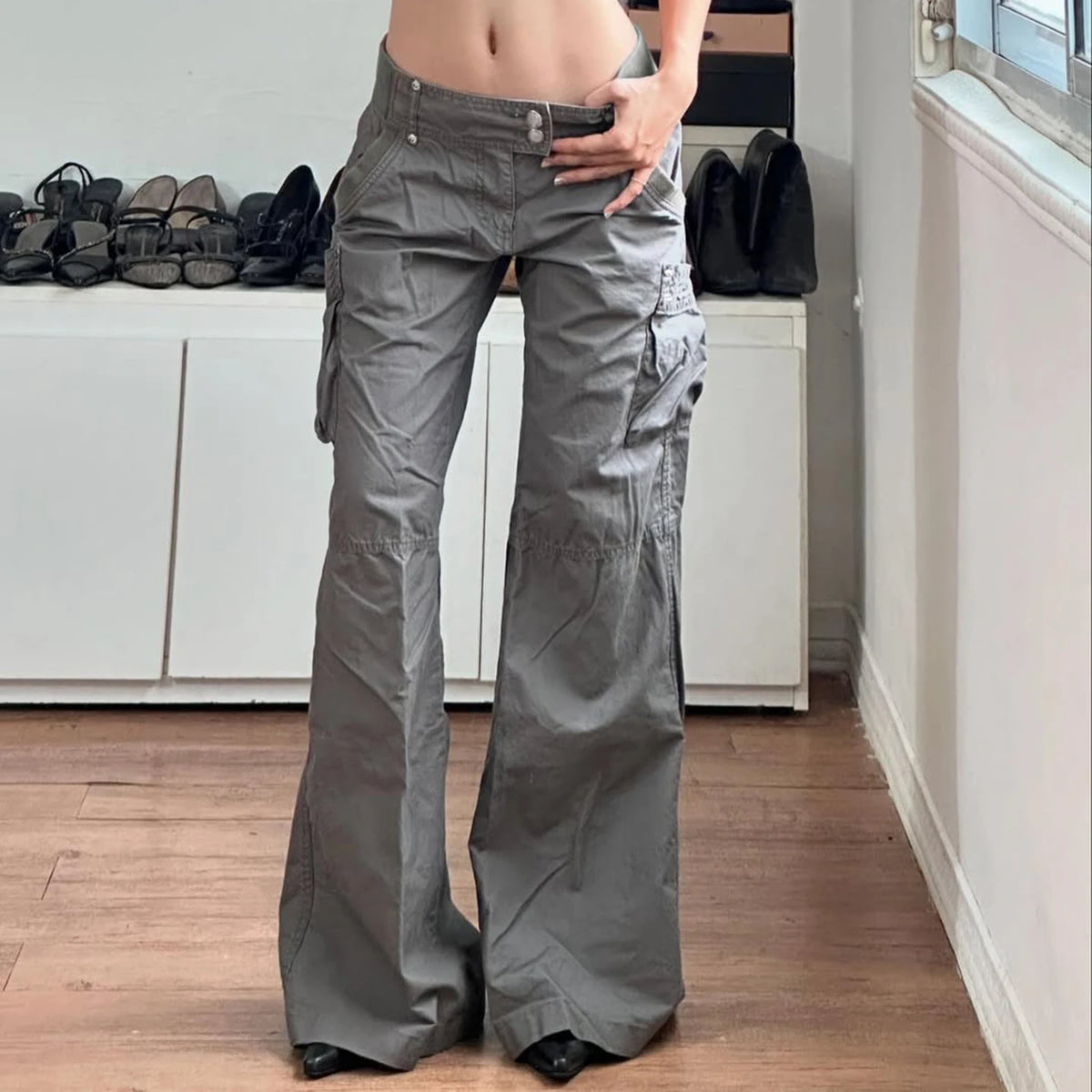 SUCHCUTE Chic Gray Cargo Jeans Y2k Streetwear Casual Loose Denim Pants For Women Aesthetic 90s Low Waist Straight-leg Trousers
