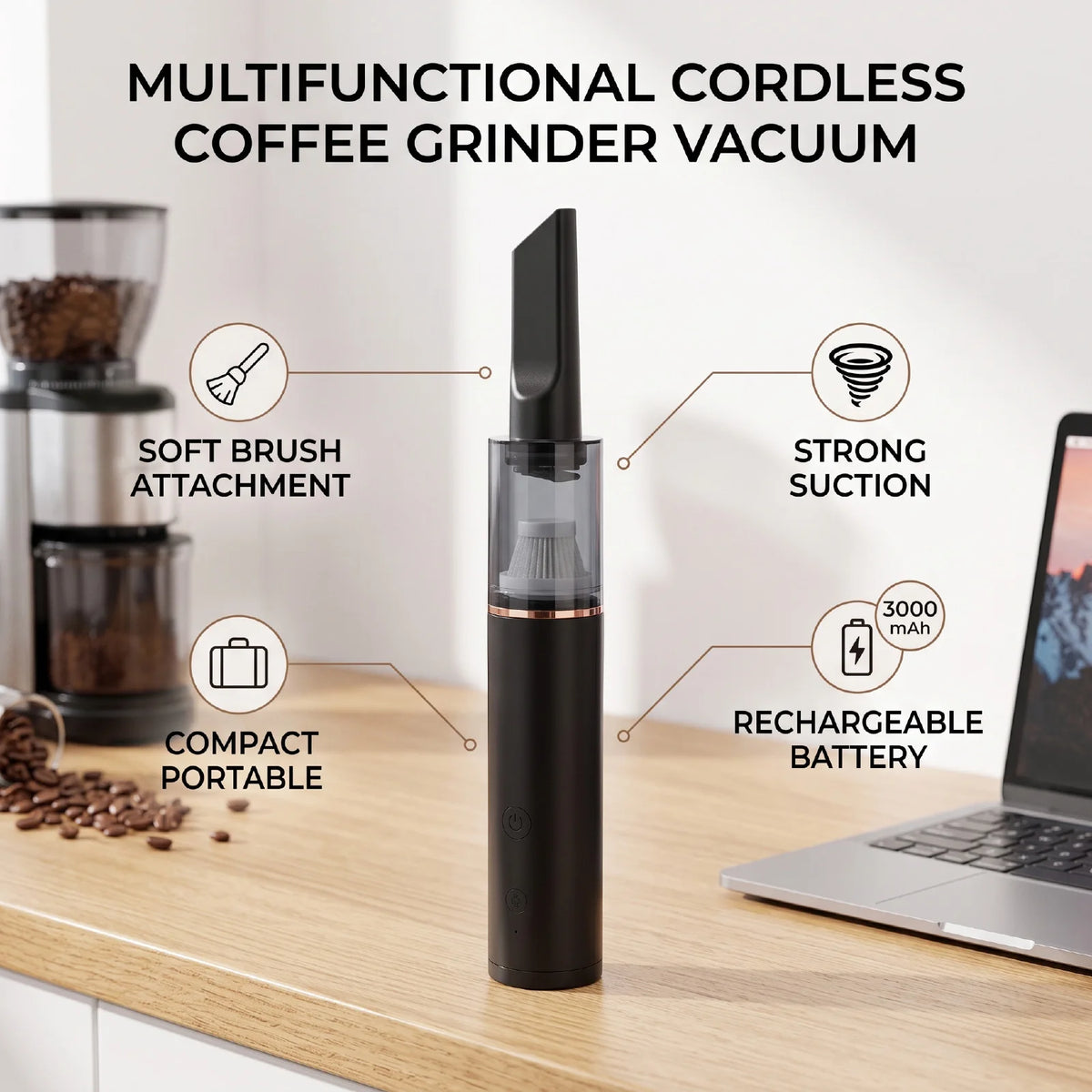 Mini Coffee Grinder Vacuum Cleaner Handheld Cordless Rechargable Soft Brush Coffee Powder Cleaner for Home Travel Use