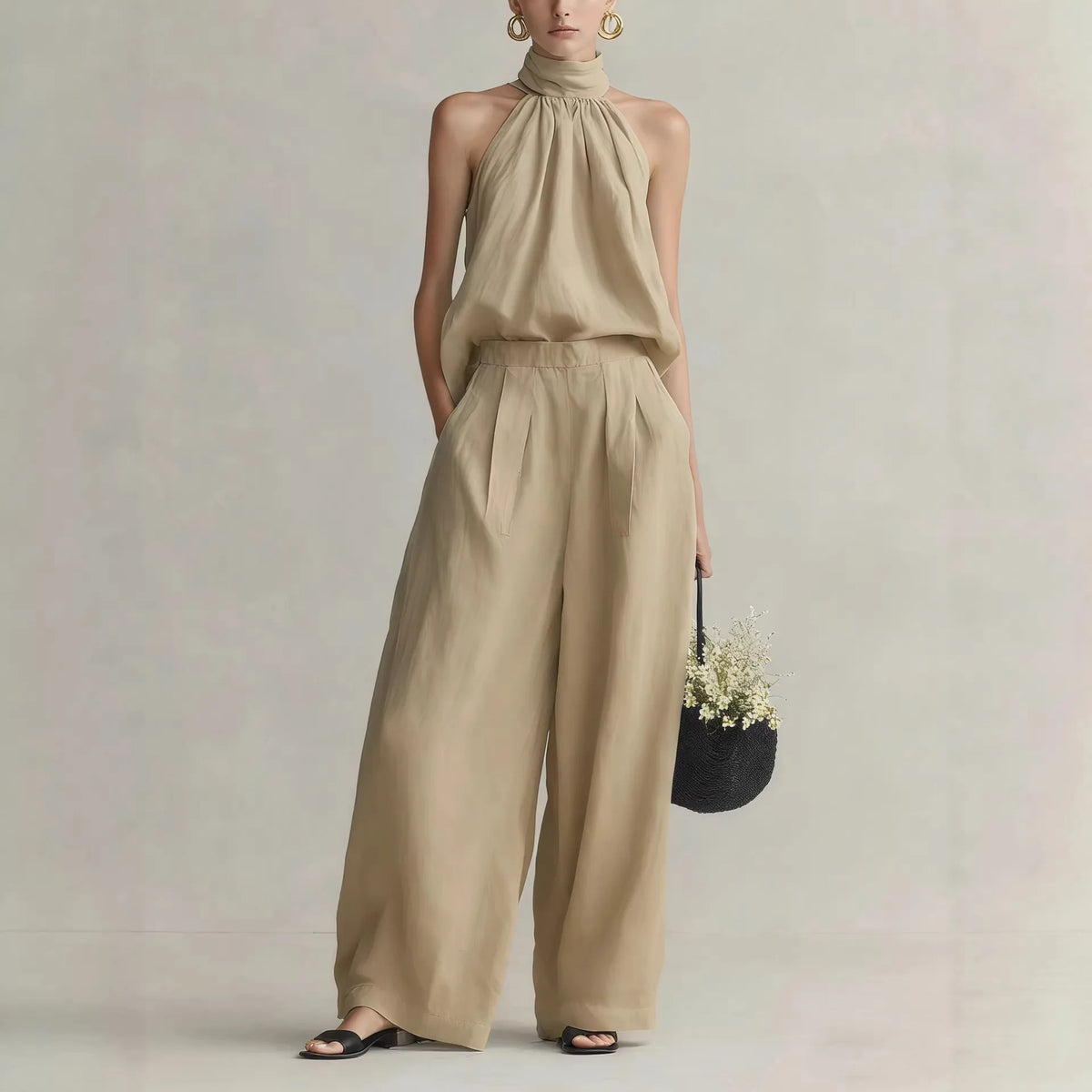 Women's 2026 Summer Style Sleeveless Neck-Hanging Top + High-Waisted Drapey Wide-Leg Pants Leisure Set
