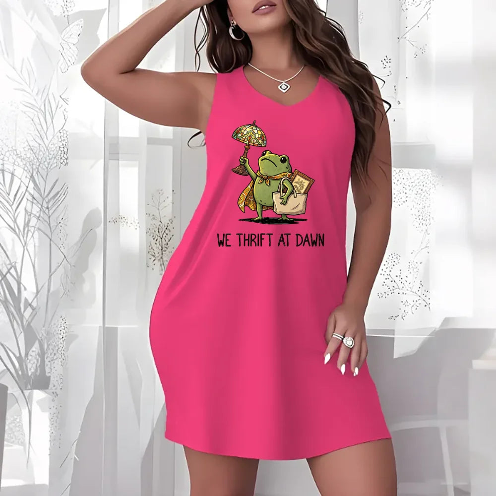 Casual Dress Women Sleeveless Crew Neck Dress Funny Frog We Thrift At Dawn Slogan Print Loose Casual Dress Home Loungewear Sleeveless Dress