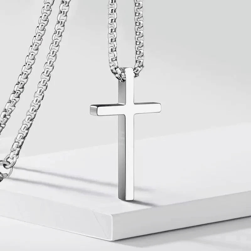 Necklace Pendant Hip Hop Trend Cross Pendant Necklace for Men Simple Punk Silver Color Titanium Steel Chain Versatile Street Jewelry Accessories