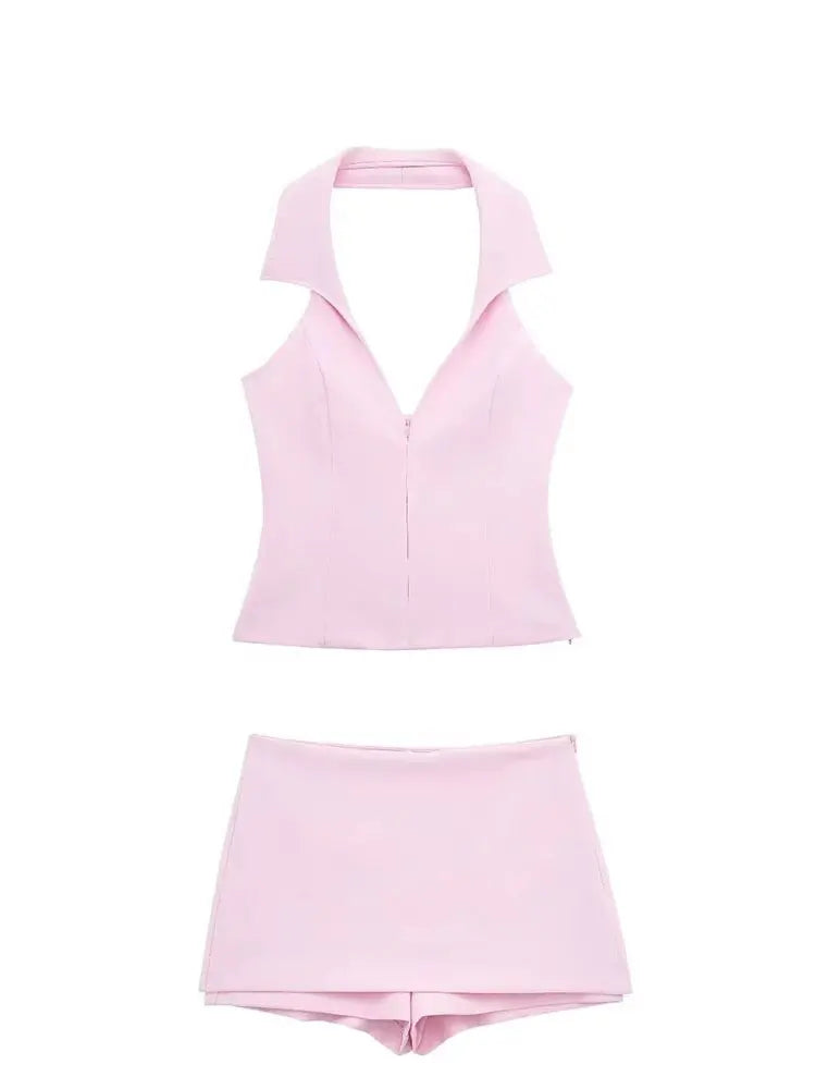 Set HH Women Casual Skirts Shorts Set Chic Halter Shirt Neck Backless Top & Shorts Sweet Pink Summer Sexy Shorts Sets