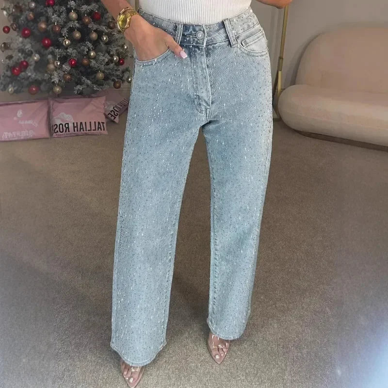 2025 Women Straight Diamonds Mom Jeans Stretch High Waist Washed Y2K Streetwear Vintage Denim Trousers For Daily Party Wear