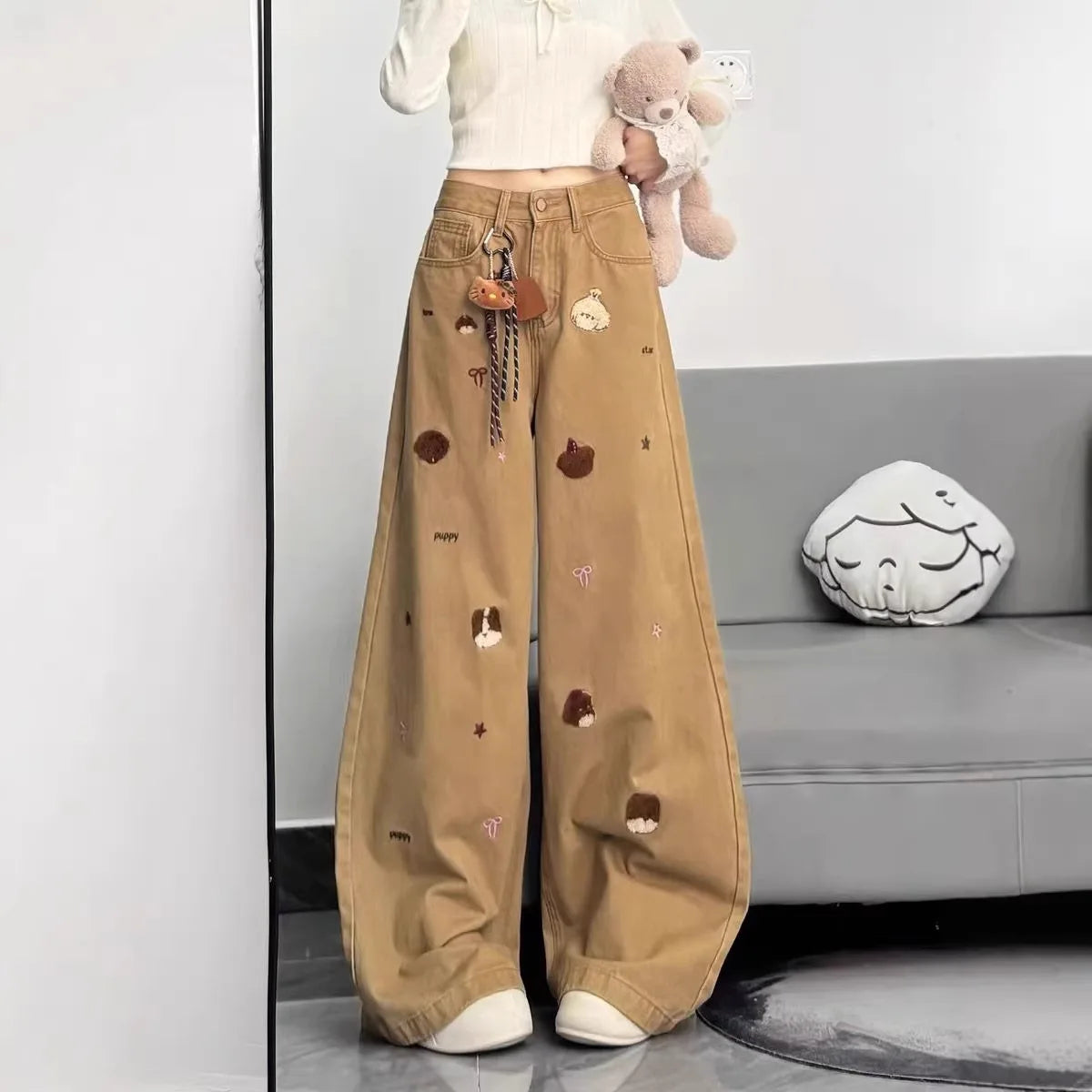 Women Maillard Style Khaki Embroidered High Waist Wide Leg Jeans Loose Casual Pants