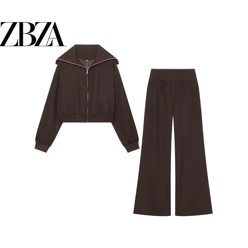 Women's Short Zipper Jacket And Pants Set Long Sleeve Turn-down Collar Coat Outerwear Fashionable Autumn Outfit Two-piece Set