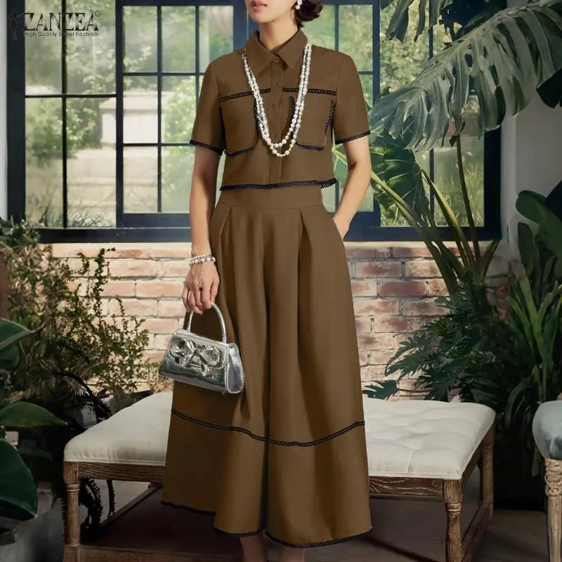 2026 Summer Outfits ZANZEA Women Patchwork 2 Pieces Sets Elegant Lapel Neck Short Sleeve Shirt A Line Dress Suit Matching Sets