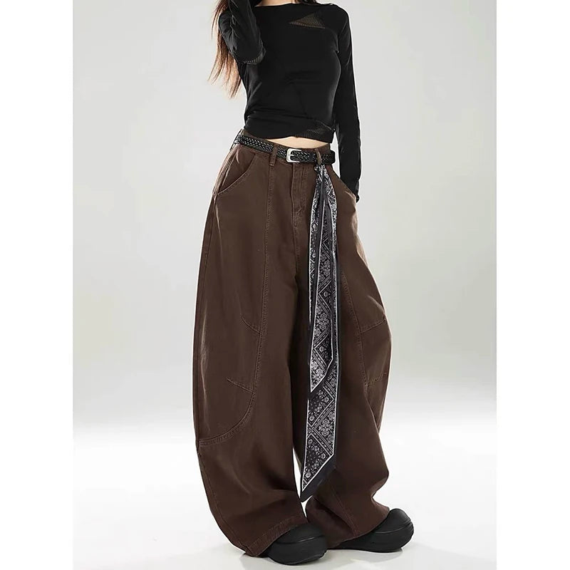 ZHIZOU Women Brown Gothic Baggy Y2k Jeans Vintage Harajuku Gradient Jean Pants American 2000s Oversize Denim Trousers Autumn