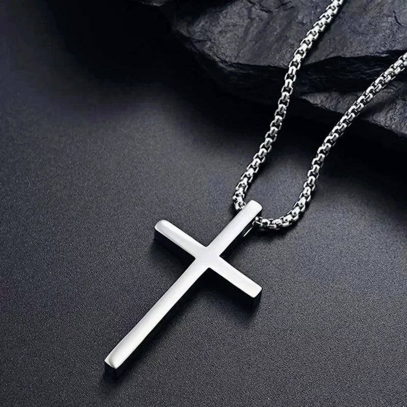 Necklace Pendant Hip Hop Trend Cross Pendant Necklace for Men Simple Punk Silver Color Titanium Steel Chain Versatile Street Jewelry Accessories