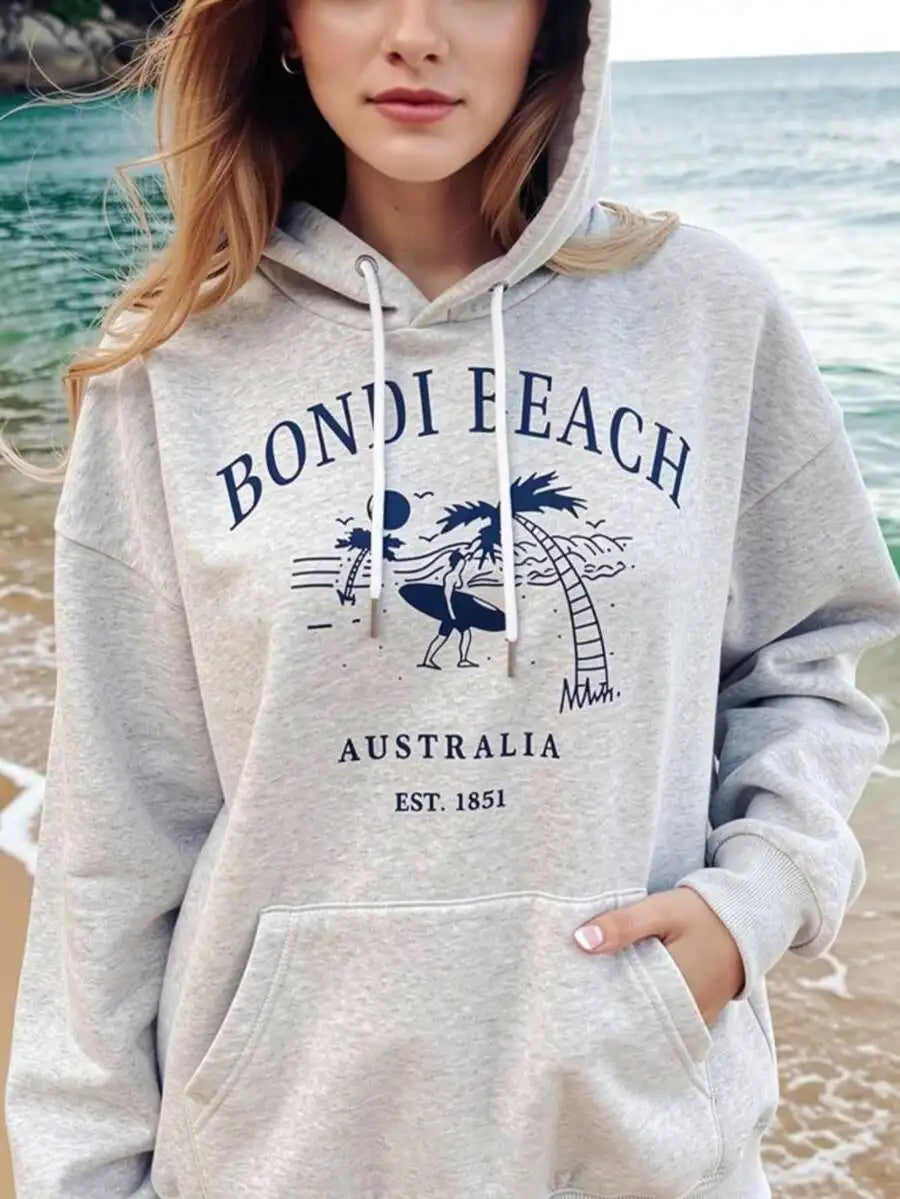 2026 Fashion New Arrival Bondi Beach Coconut Tree Print Womens Grey Drop Shoulder Oversized Pullover Hoodie Long Sleeve Casual Sweatshirt For Teenage Girls Basic Top T Shirt