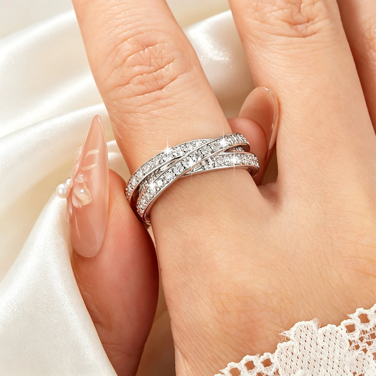 Rings Women Moissanite Abestecom 14K White Gold Plated Women Rings D Color Moissanite Intertwined Three Band Stackable Ring Wedding Eternity Jewelry