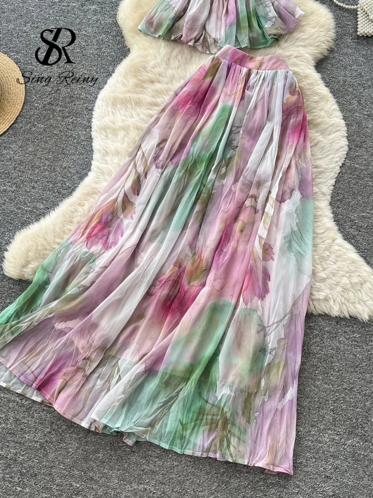 Sets SINGREINY Summer Holiday Lace Spliced Beach Suits Women Strap Pleated Top+A Line Long Skirts French Chiffon Bohe Two Pieces Sets