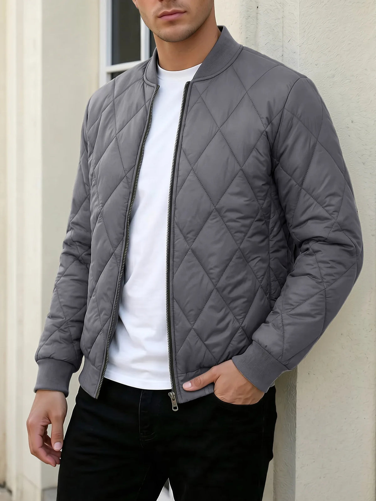 Lightweight Men Diamond Quilted Er Jacket Zip Up Baseball Collar Casual Windproof Padded Coat For Autumn Winter