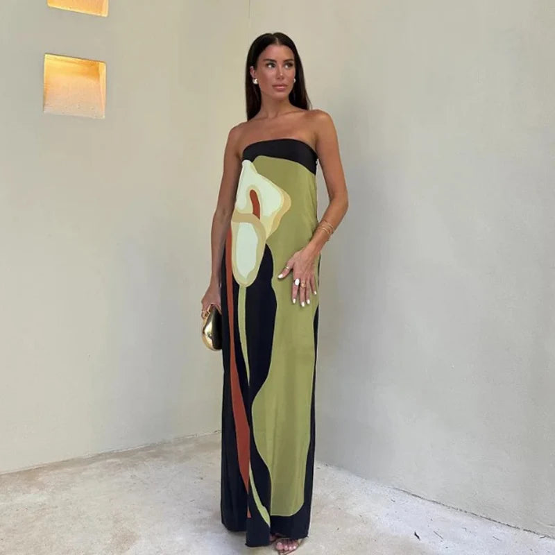 Dress Long Women Sexy Strapless Backless Printed Long Dress Women Fashion Sleeveless Off Shoulder Vestidos 2024 Summer Lady Party Evening Robes