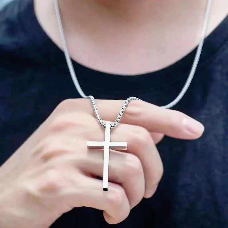 Necklace Pendant Hip Hop Trend Cross Pendant Necklace for Men Simple Punk Silver Color Titanium Steel Chain Versatile Street Jewelry Accessories