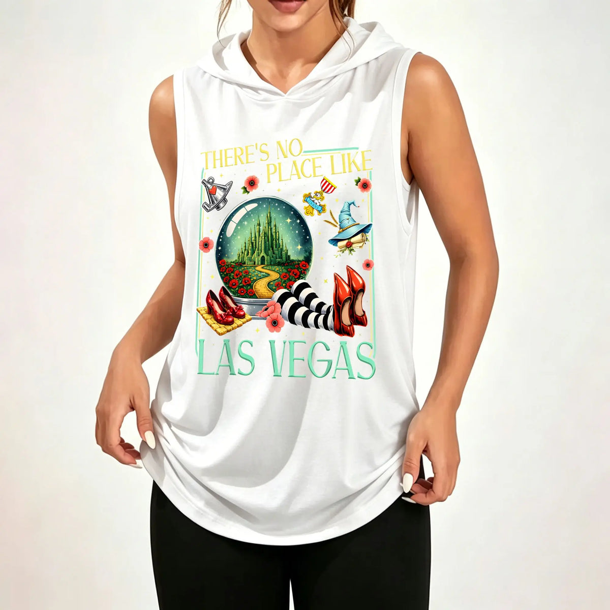Women Sleeveless Hooded Tank Top Magic Crystal Ball "There's No Place Like Las Vegas" Graphic Print Vest Casual Loose Sleeveless Hoodie Daily Wear Hood Tank Tops