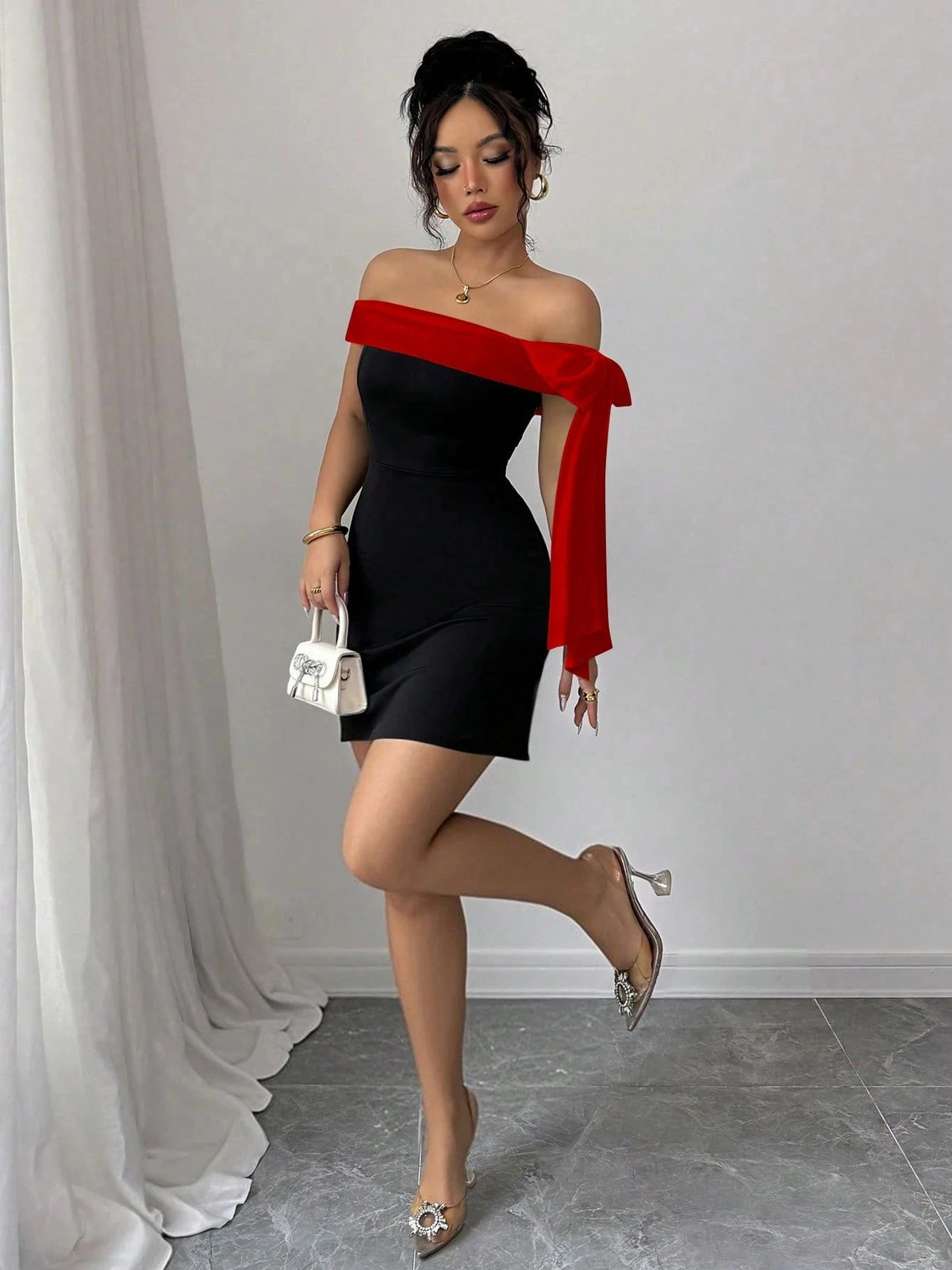 Dress Red Elegant Party Women Off Shoulder Mini Dress Red Big Bow Spliced Bodycon Short Dresses Elegant Slim Fit Black Little Dress Night Club Party Birthday Outfits Evening Gown