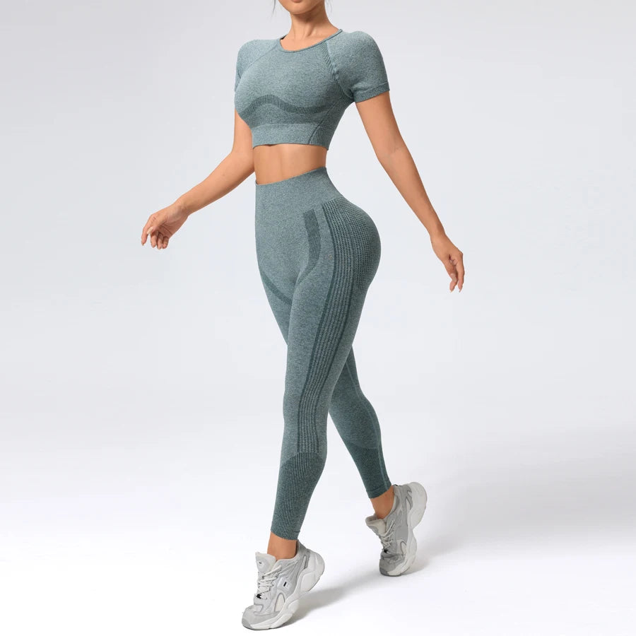 Women' High Waist Sexy Gym Matching Set Seamless Yoga Outfit Set Sportswear Woman Gym Sports Leggings and T-shirt Activewear Top