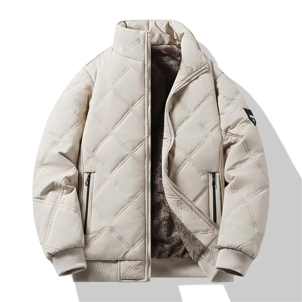 Windproof Thermal Diamond Quilted Jacket Men Winter Men's Fleece-Lined Thickened Parkas Man Cuff Design Stand-Up Collar Jackets