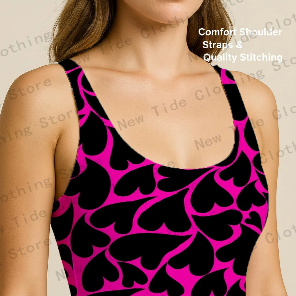 Women's Pink Black Heart Print One-Piece Swimsuit Sleeveless Slim-Fit Bathing Suit for Beach Summer Vacation Pool Party Outfit