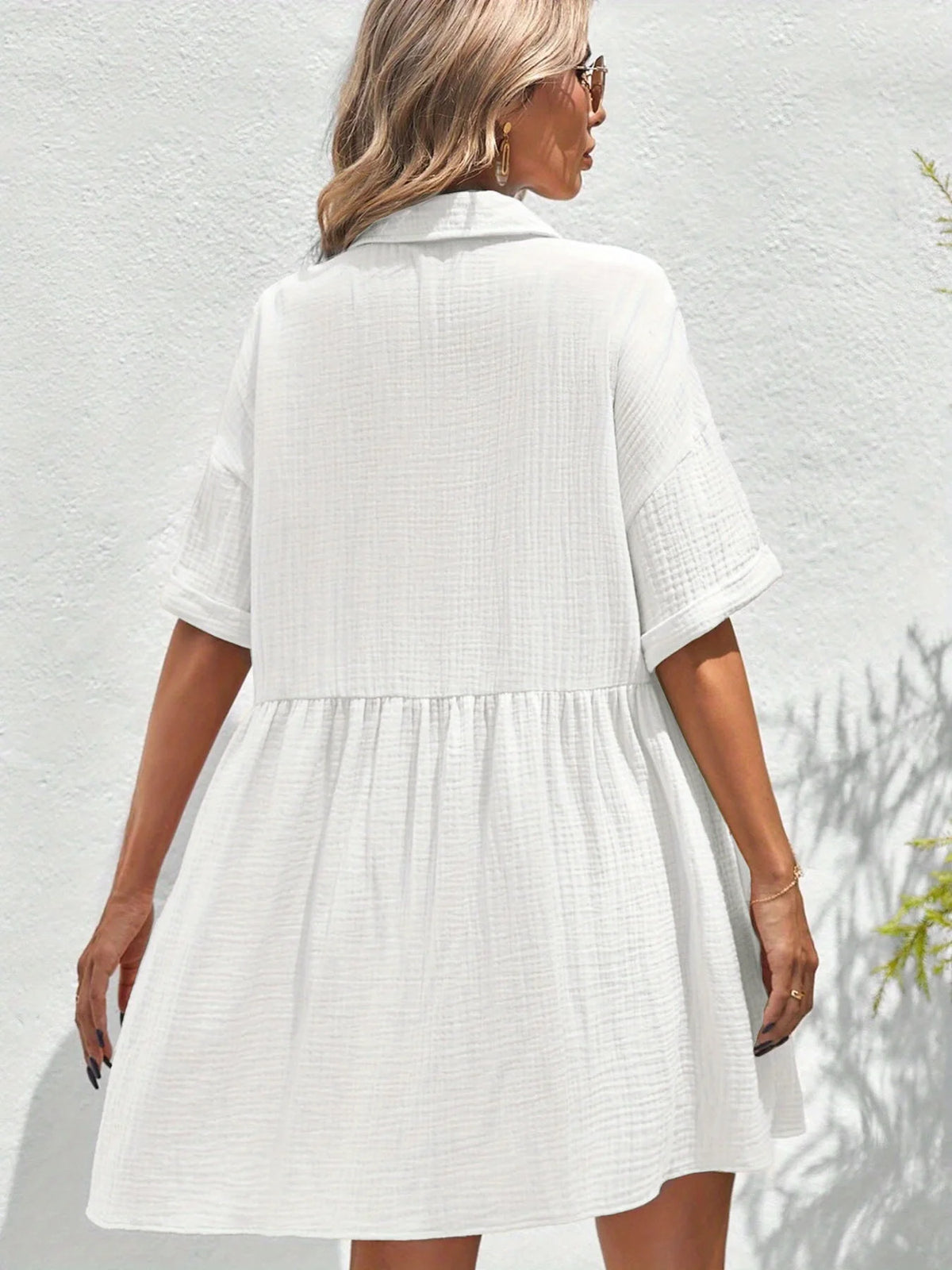 Women's 100% Cotton Button-Front Shirt Dress with Collar and Drop-Shoulder Short Sleeves – Loose, Casual, Knee-Length Style