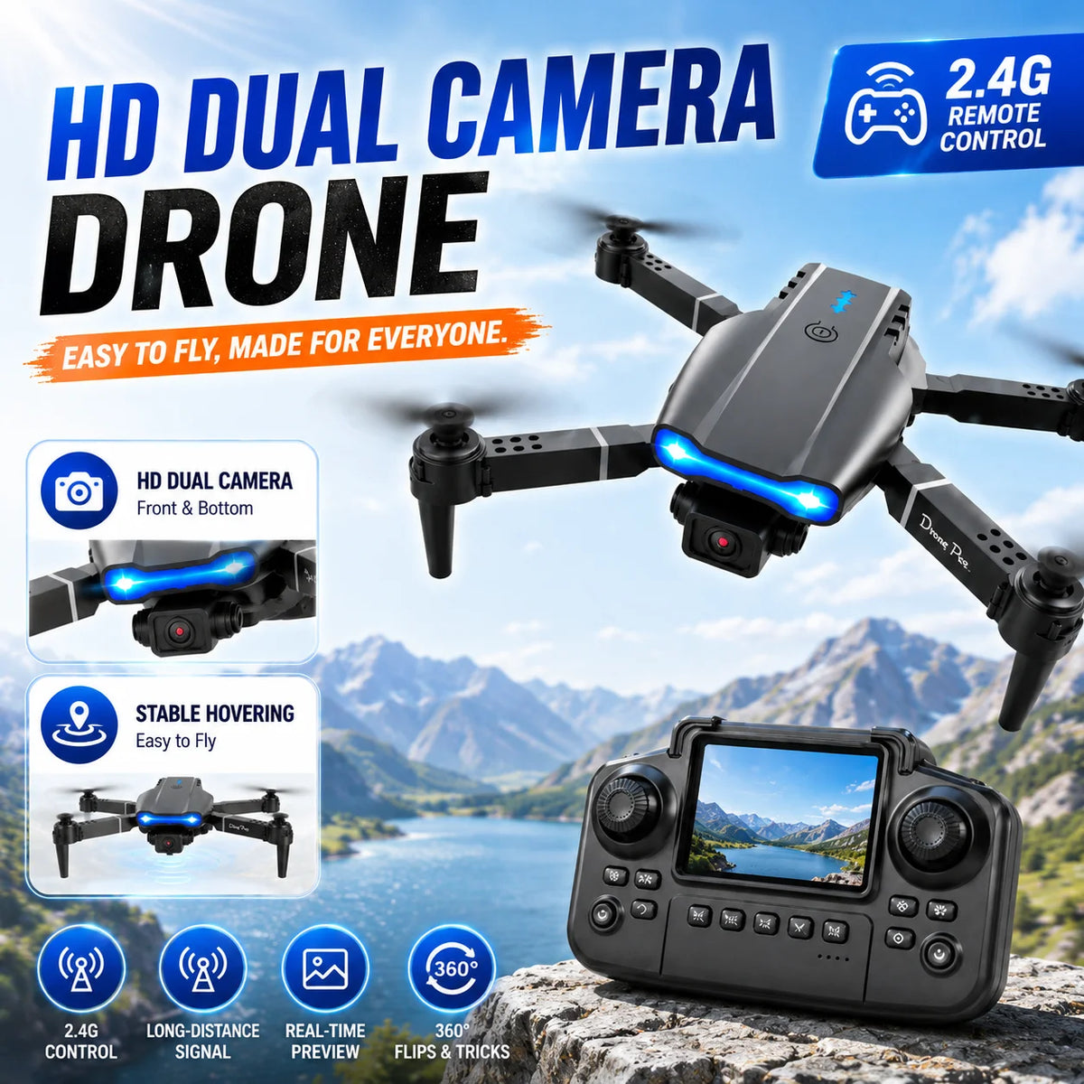 ZNLYRION RC Drone with Screen Remote Control 4K Dual Camera Optical Flow Positioning Obstacle Avoidance Foldable FPV WIFI APP Control One Key Return 360Â° Flip Quadcopter Toy for Beginners