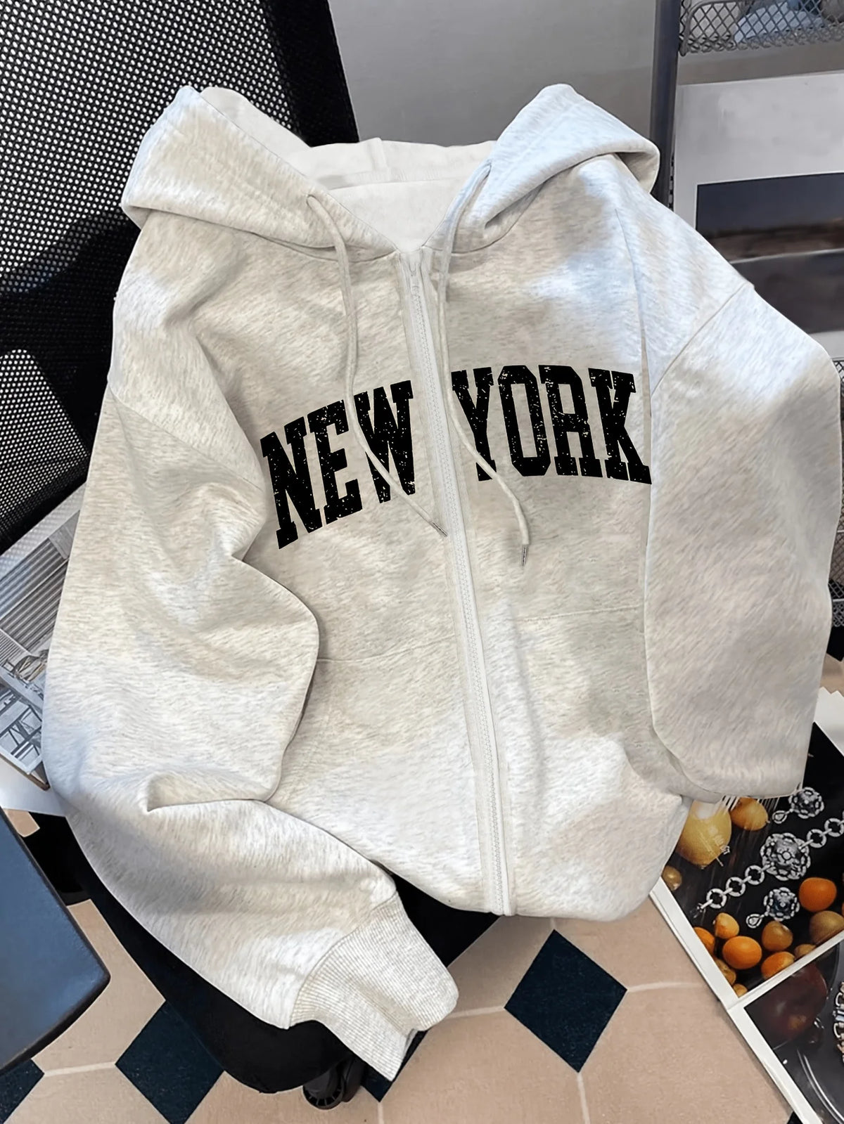 New York City Letter Women's Zipper Hoodies Jacket Cotton Fleece Hoody Sweatshirt Pullover Autumn Winter Oversize Loose Top Coat