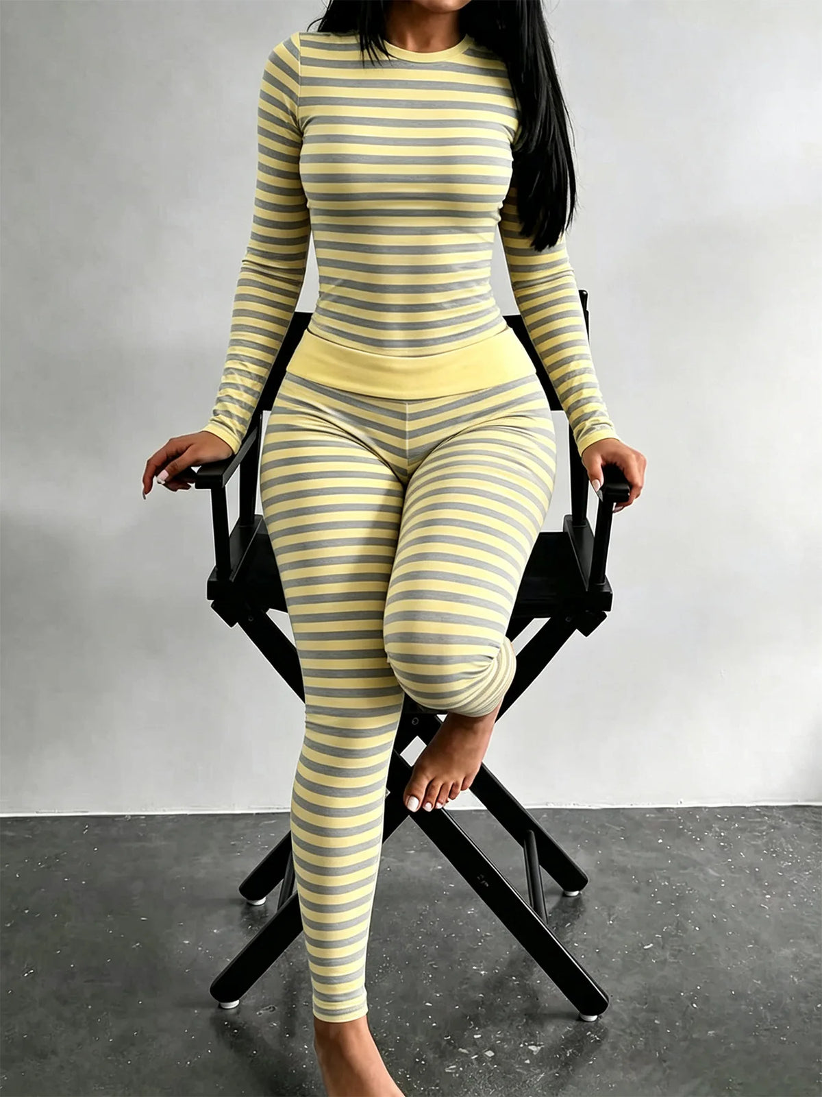 Women's Round Neck Striped Dual Color Long Sleeve Long Pants Fitness Casual Set Tight Home Wear 2026 European And American Cross