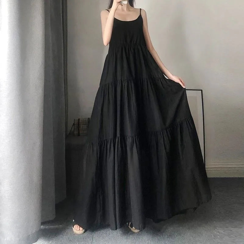 Women Sleeveless Spaghetti Strap Layered Solid Color Long Maxi Dress Oversized Flowy Dress Holiday Resort Wedding Guest Outfit