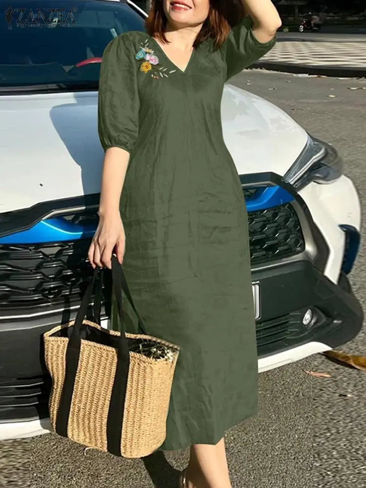 ZANZEA Women V Neck A-line Vestidos Solid Holiday Casual 2024 Summer Dresses Commute Half Sleeve Floral Embroidery Midi Dress