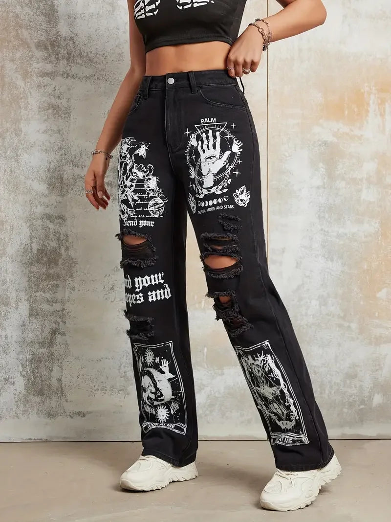 2025 Style Women's Jeans Women's Spring And Autumn Hot Selling Street INS Same Style Print Ripped Straight Jeans