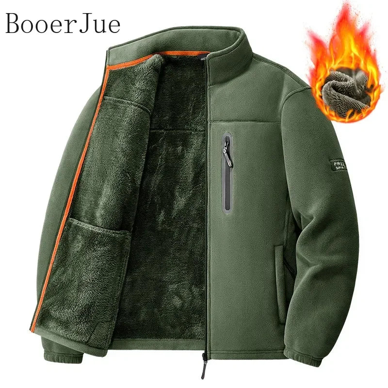 Winter Thickened Windproof Stand Collar Zipper Jacket for Men Casual Outdoor Fleece-Lined Coat Embroidered Men's Warm Jackets