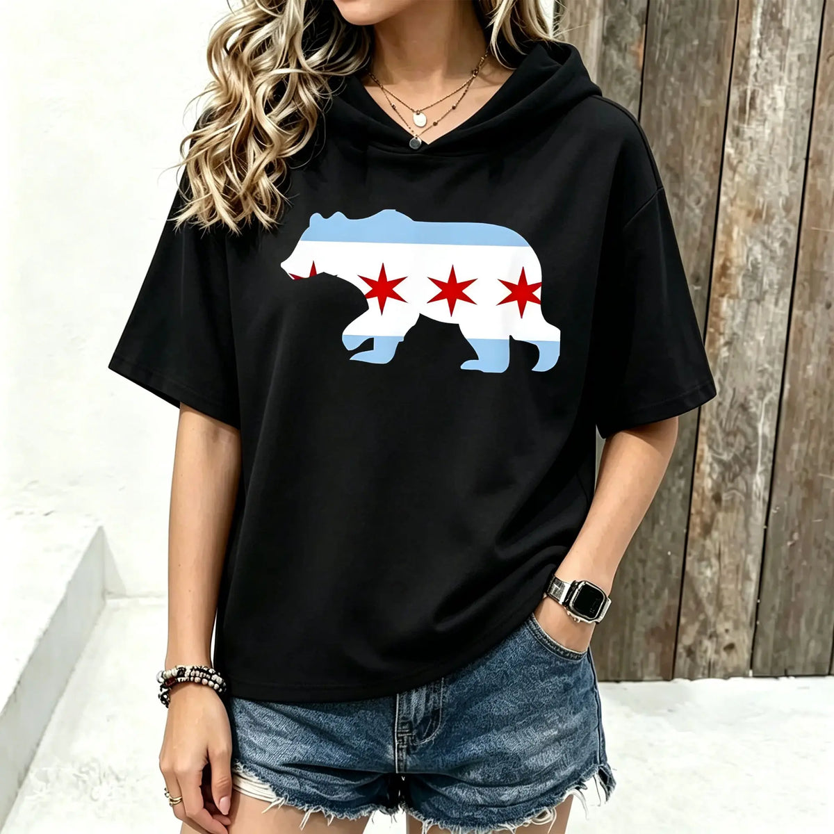 Women Short Sleeve Hooded T‑Shirt Chicago City Flag Bear Silhouette Graphic Print Spring Summer Loose Hoodie Tee Streetwear Casual Short Sleeve Hood Tops