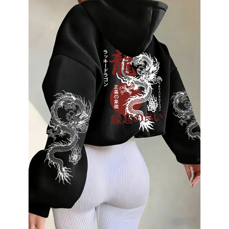 Oriental Dragon Hoodie Japanese Aesthetic Sleeve Graphic Unisex Harajuku Streetwear Pullover Hooded Sweatshirt Men Women Tops