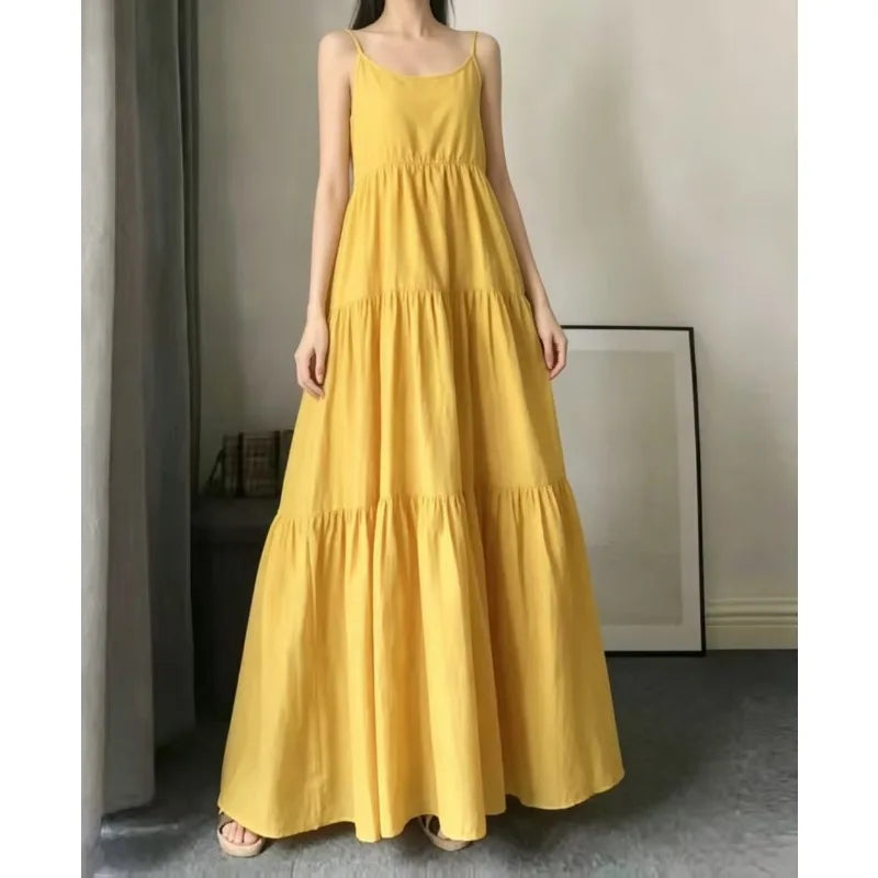 Women Sleeveless Spaghetti Strap Layered Solid Color Long Maxi Dress Oversized Flowy Dress Holiday Resort Wedding Guest Outfit