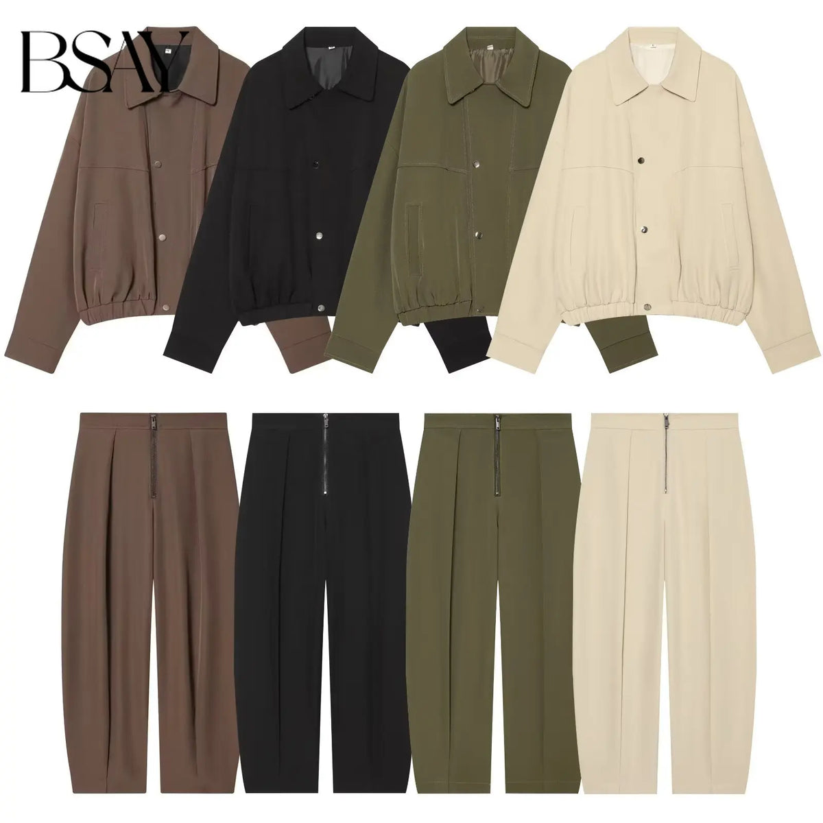 BSAY Korean Minimalist Matching Set Women Lapel Cropped Jacket High Waist Front Zip Wide Leg Pants Daily Office Casual Outfit