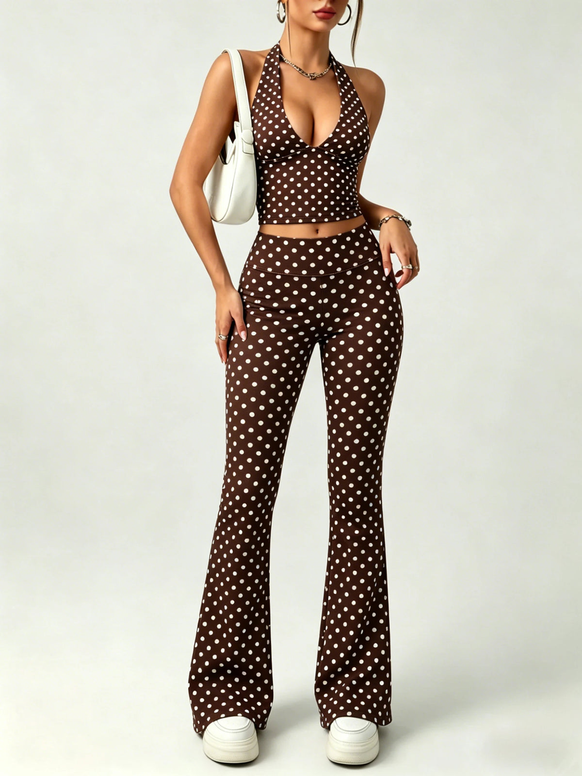 2Packs Women Y2K Polka Dot Matching Set Halter V Neck Crop Top High Waist Flare Pants Lounge Party Outfit