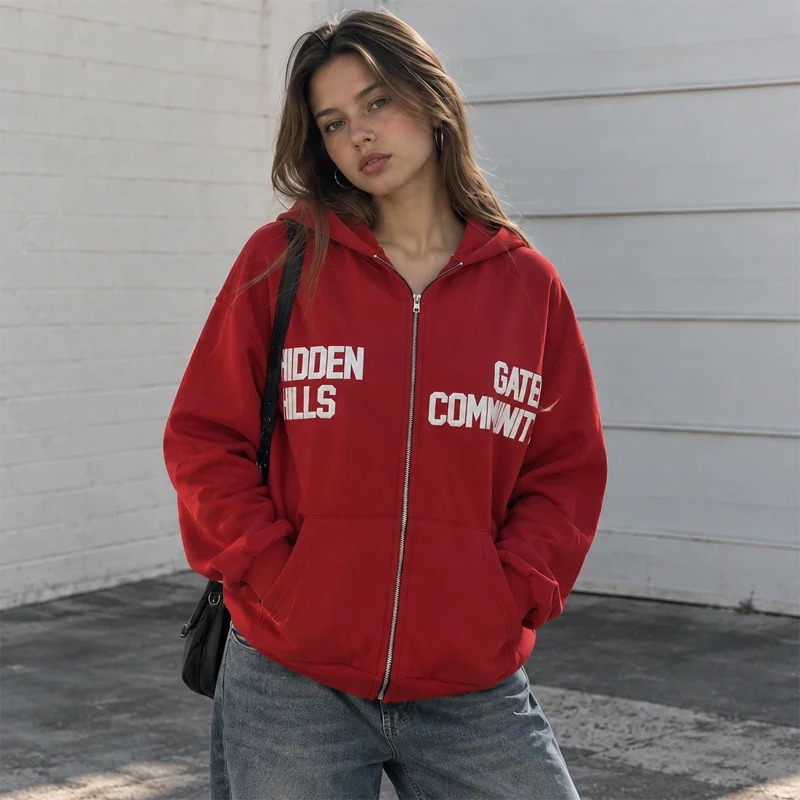 Women Zip Up Hoodie Letter Print Long Sleeve Oversized Sweatshirt Casual Y2K Streetwear Jacket Black Red Hooded Top for Women
