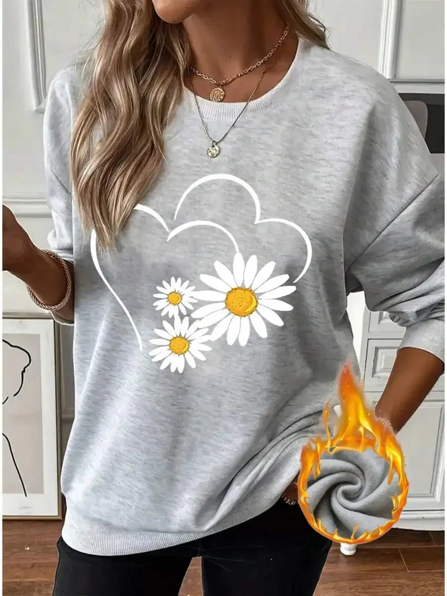 2026 Fashion New Women Crew Neck Pullover Sweatshirt, Thick Lined Cartoon Daisy Print, Warm Long Sleeve Tops, Cold Weather Daily Casual Outfit Basic Top