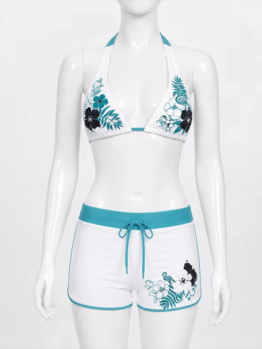 Women's Y2K Tropical Floral Print Halter Bikini Set Two Piece Boy Shorts Beach Swimsuit