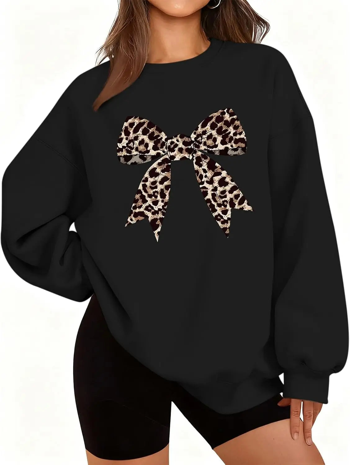 Sweatshirt Bow Sweatshirt for Women Leopard Print Cute Sweatshirts Graphic Preppy Pullover Trendy Casual Crewneck Clothes