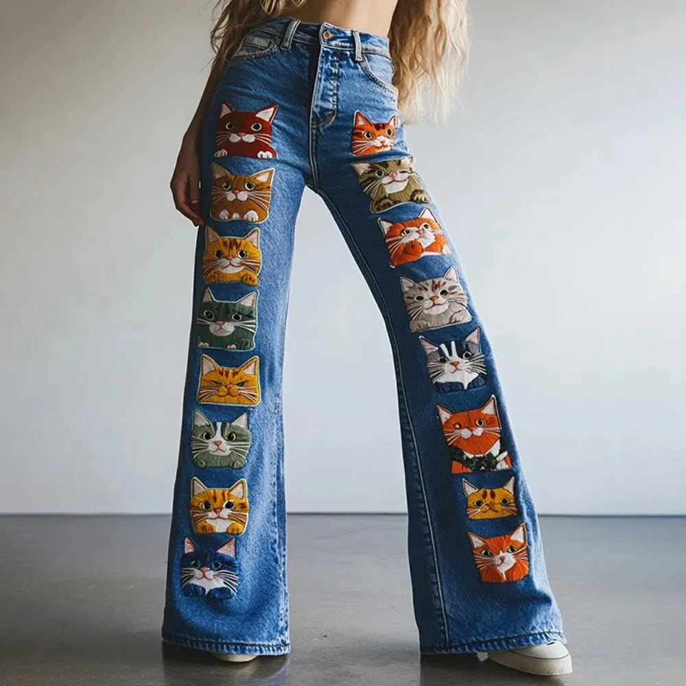 Women's Printed Flare Jeans - Figure Flattering Denim Pants,with Stretch for Casual and Retro Vintage Style