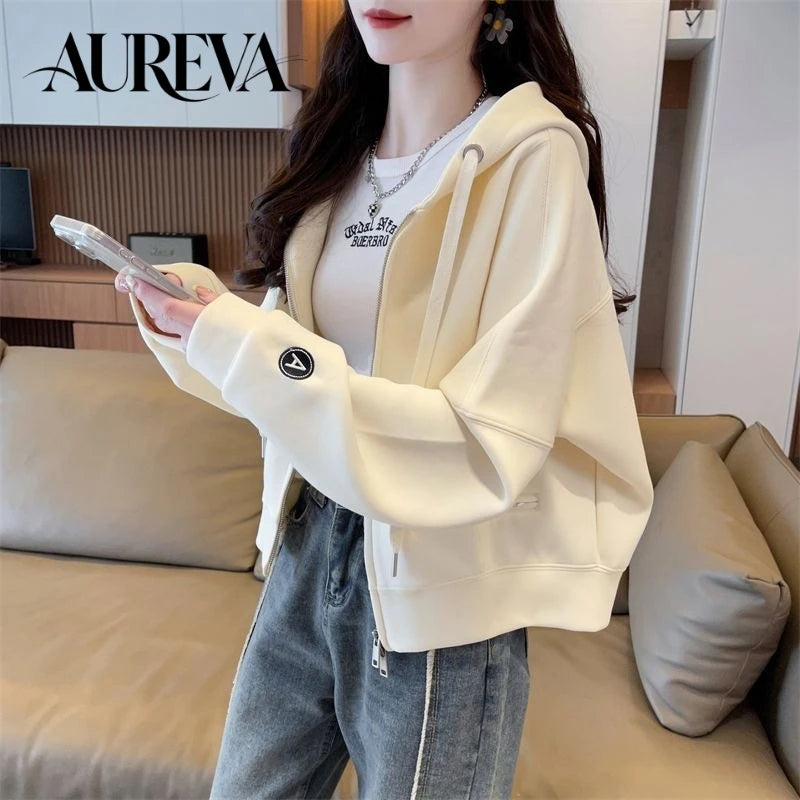 Women's Korean Style Letter Print Cropped Hoodie Zip-Up Sweatshirt Loose Petite Zipper Hooded Coat Casual Trendy Autumn Winter O