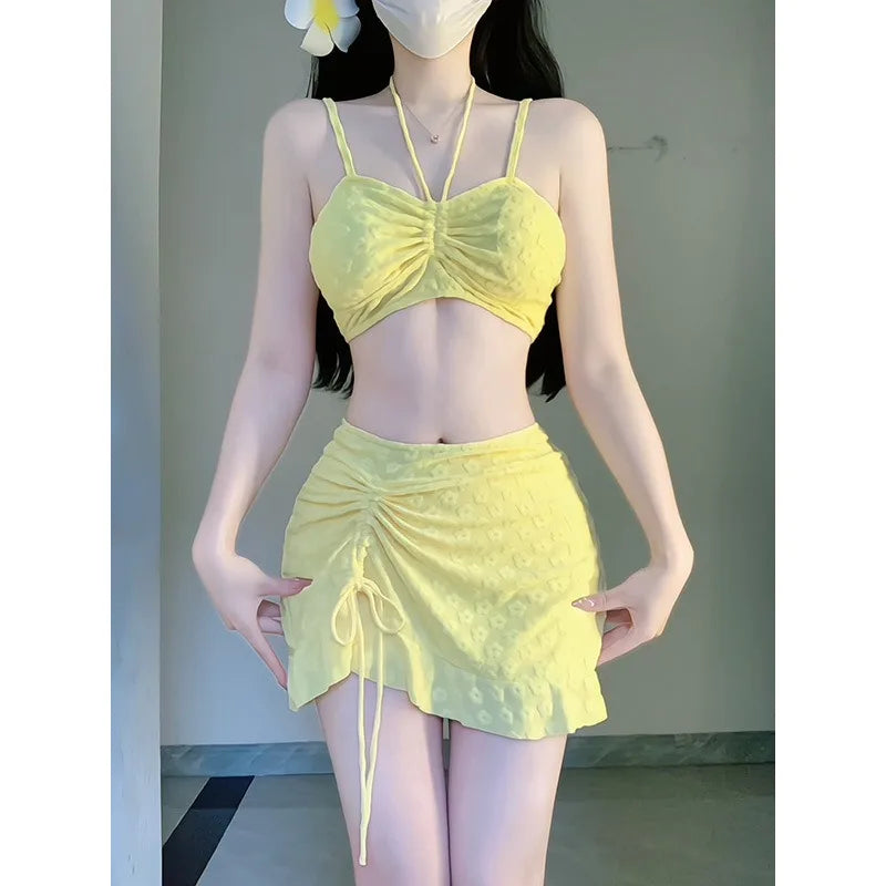 Sweet Girl Swimsuit Three Piece Bikini Long Sleeved Cover Up Skirt Style Spicy Girl Sexy Slimming Hot Spring Swimsuit