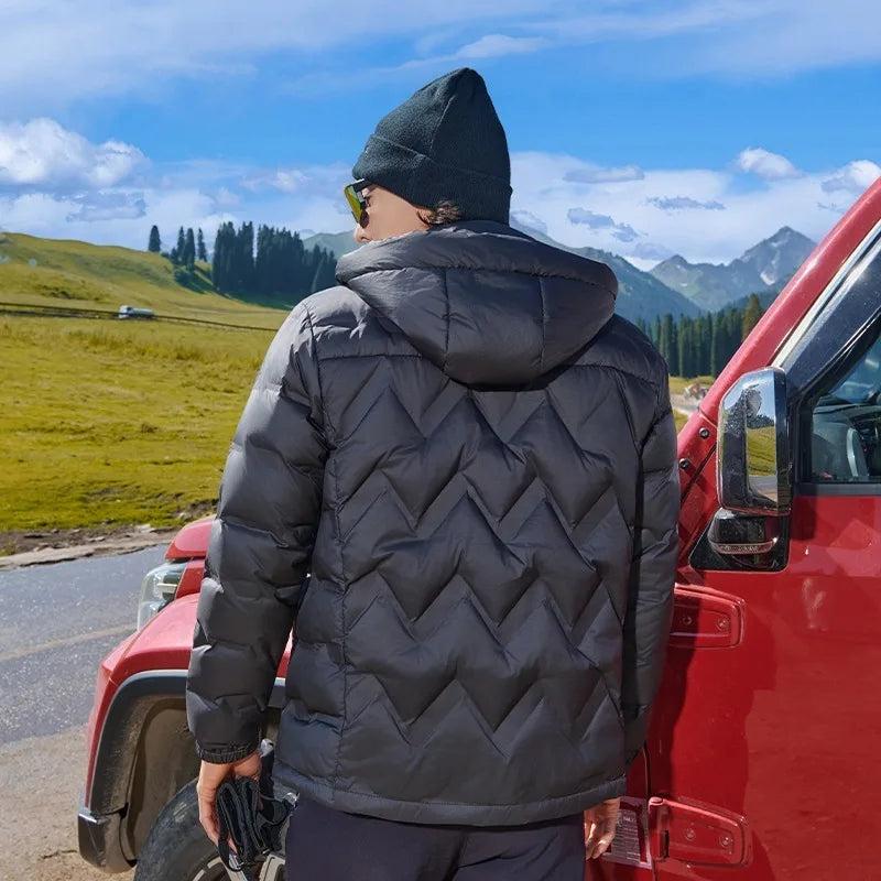 Mens Lightweight Down Jacket White Duck Feather Hooded Windproof Water-Resistant Thermal Short Coat Winter Urban Commuting