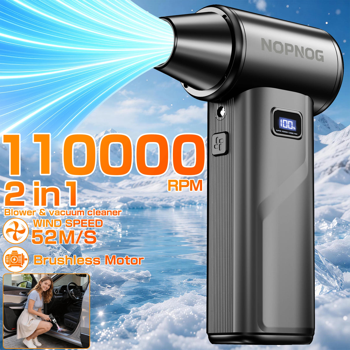 Car Vacuum Cleaner Air Duster Turbo Fan Air Blower Electric Dust Collector Cleaning Tools Hair Dryer Auto Accessories Universal for Home Outdoors Camping Truck Trailer RV